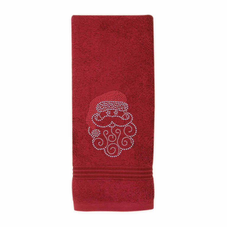Red cotton hand towel featuring a sparkling Santa motif with rhinestone embellishments and decorative stitching at the bottom.