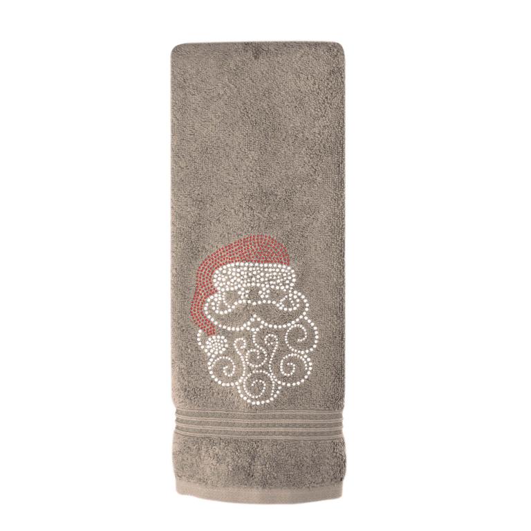 Taupe cotton hand towel featuring a sparkling Santa motif with red hat and white rhinestone embellishments.