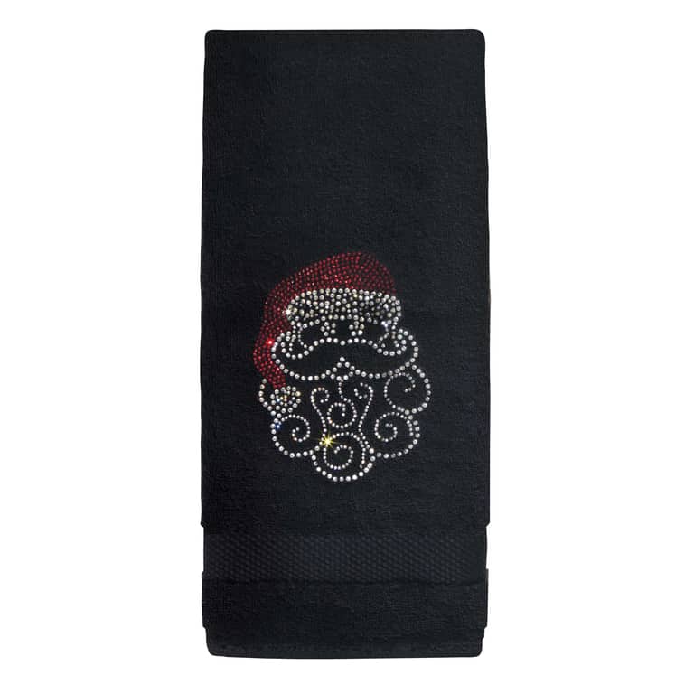 Black Christmas hand towel with sparkling Santa face motif