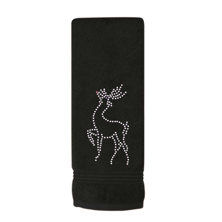 Black cotton hand towel featuring a rhinestone reindeer design with a pink nose measuring 30"x16" and textured surface.