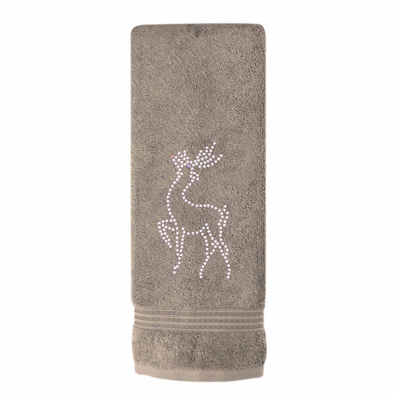 Taupe cotton hand towel featuring a rhinestone reindeer design and decorative ribbed trim at the bottom.