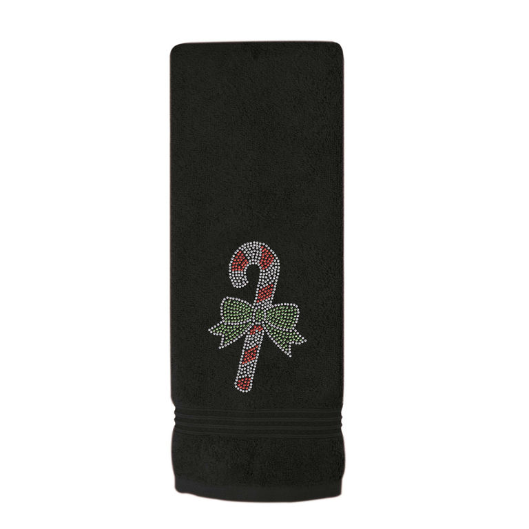 Black cotton hand towel featuring a rhinestone candy cane design with red and white stripes and a green bow.