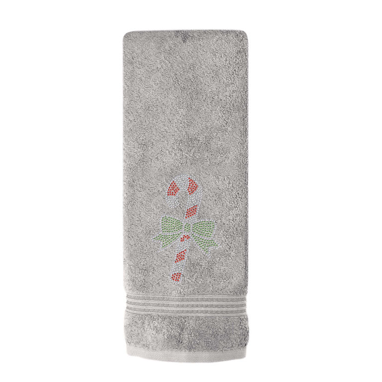 Gray cotton hand towel featuring a rhinestone candy cane design with red stripes and a green bow textured surface with stitched border.