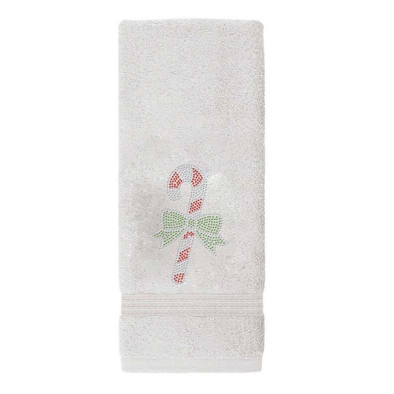 White cotton hand towel featuring a red and white striped candy cane with a green bow and sparkling rhinestone embellishments.