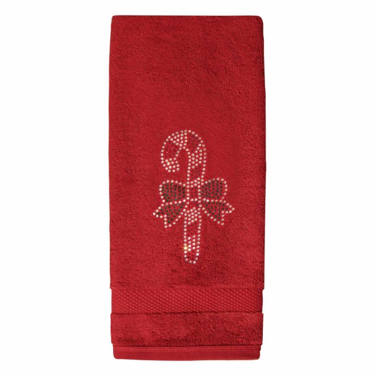 Red cotton hand towel featuring a rhinestone-embellished candy cane design with a bow at the base.