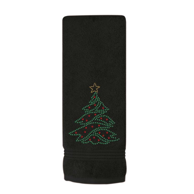 Black terry cotton hand towel featuring a green rhinestone Christmas tree design with red ornaments and a yellow star on top.