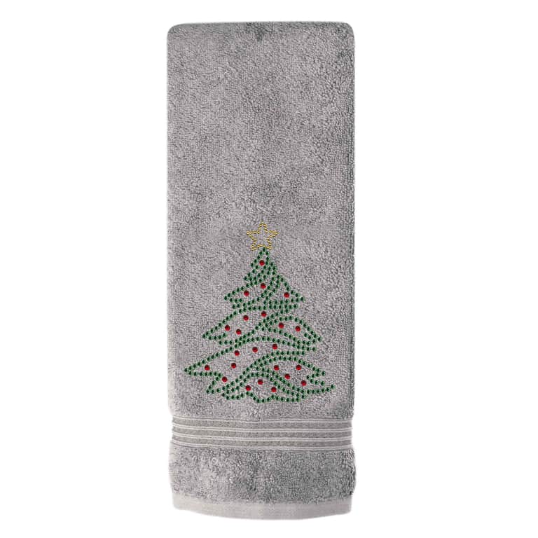 Gray Christmas tree hand towel with rhinestone tree and star design