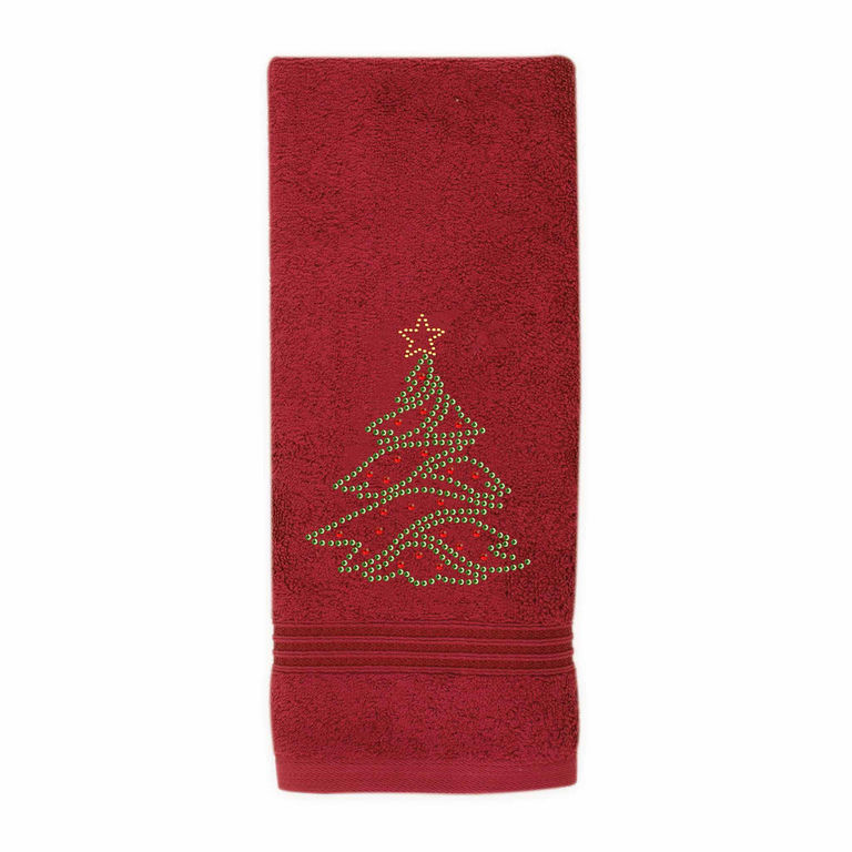 Red terry cotton hand towel featuring a green rhinestone Christmas tree design with a yellow star at the top and decorative stripes at the bottom.