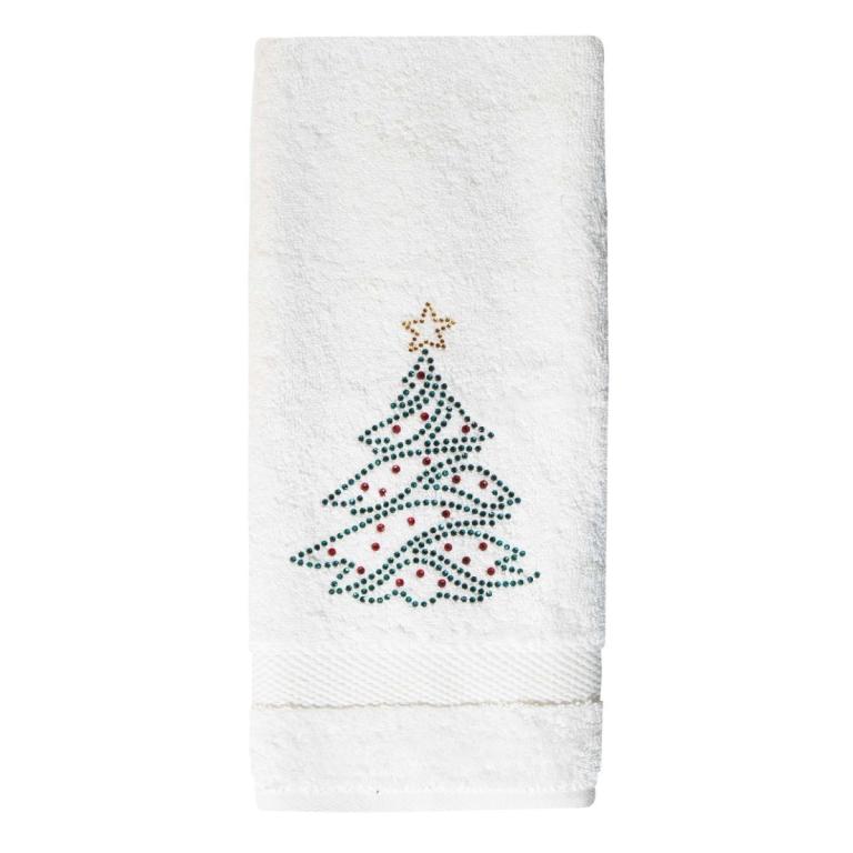White terry cotton hand towel featuring a rhinestone-embellished green Christmas tree with red ornaments and a gold star on top.