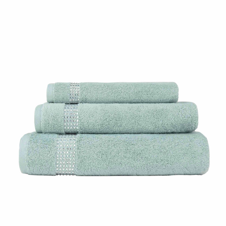 Aqua three-piece towel set stacked with rhinestone stripes in three sizes