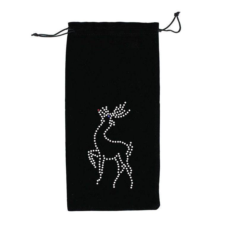 Black plush velvet wine bag featuring a rhinestone reindeer design with red and blue accents.