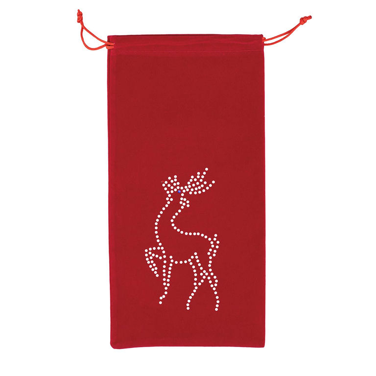 Red plush velvet wine bag with a rhinestone reindeer design and drawstring closure.