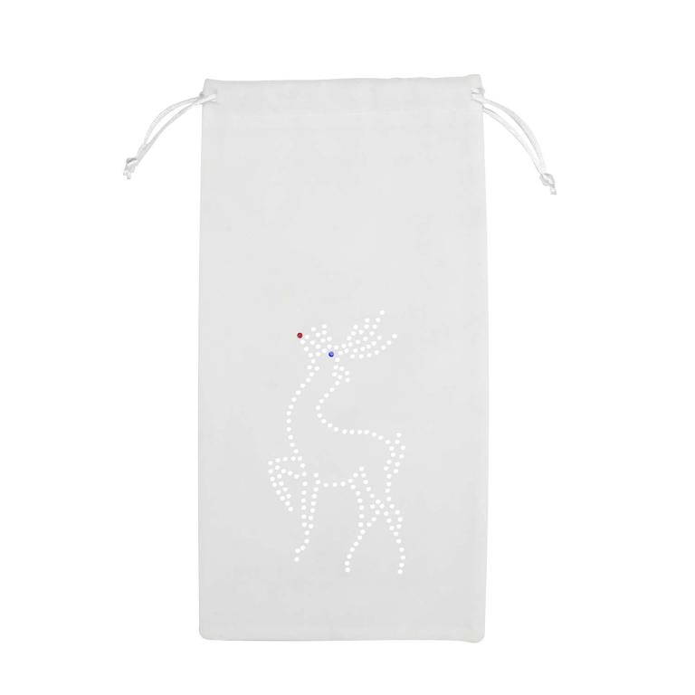 White velvet wine bag featuring a rhinestone reindeer design with red and blue embellishments and a drawstring closure.