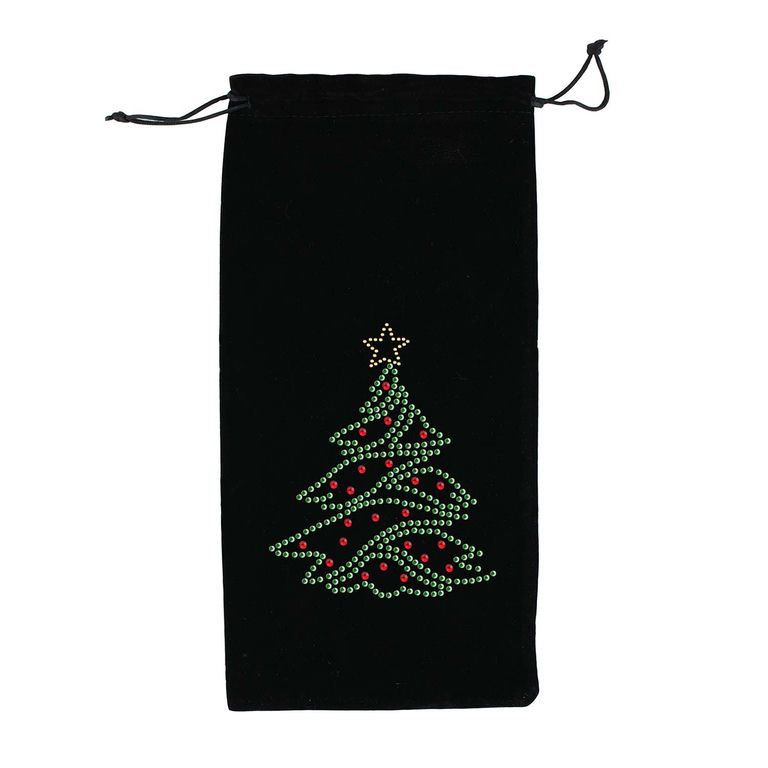 Black velvet wine bag featuring a rhinestone Christmas tree design with green branches red ornaments and a gold star on top.