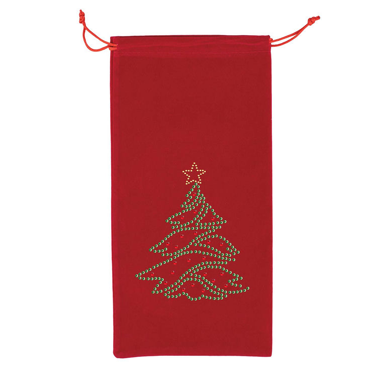 Red velvet wine bag featuring a green rhinestone Christmas tree design with a sparkling star on top.