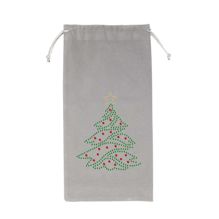 Silver&#x20;velvet&#x20;wine&#x20;bag&#x20;featuring&#x20;a&#x20;rhinestone&#x20;Christmas&#x20;tree&#x20;design&#x20;with&#x20;green&#x20;and&#x20;red&#x20;accents&#x20;and&#x20;a&#x20;gold&#x20;star&#x20;on&#x20;top.