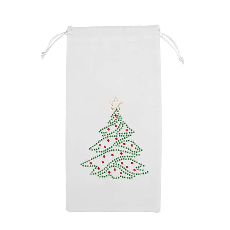 White velvet wine bag featuring a green rhinestone Christmas tree design with red ornaments and a gold star on top.