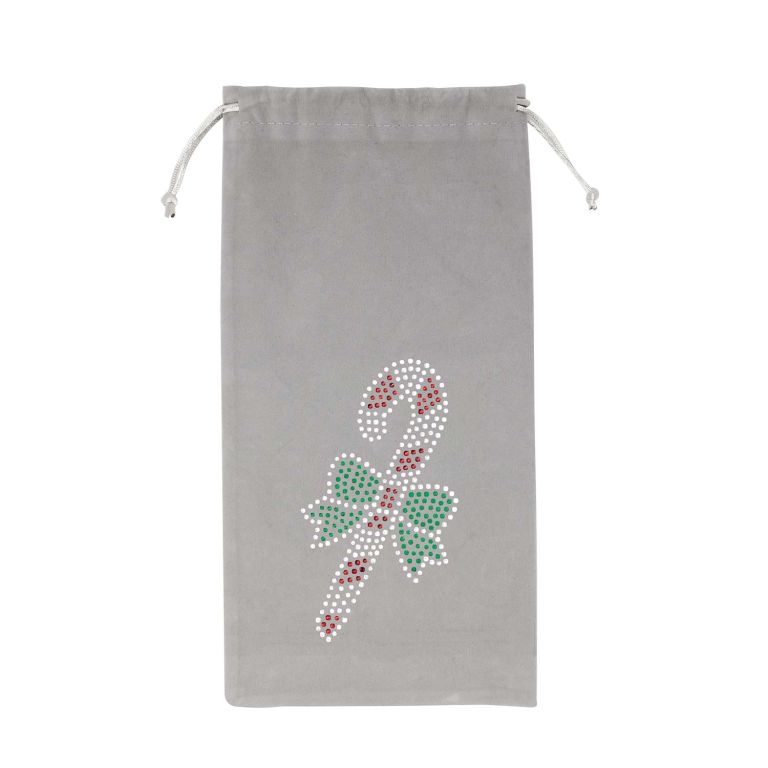 Gray velvet wine bag featuring a rhinestone candy cane design with red and green accents and a drawstring closure.