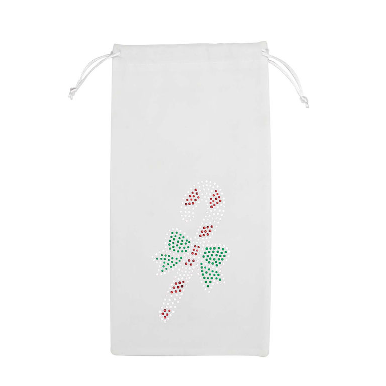 White velvet wine bag with a rhinestone candy cane and bow design in red and green accents.