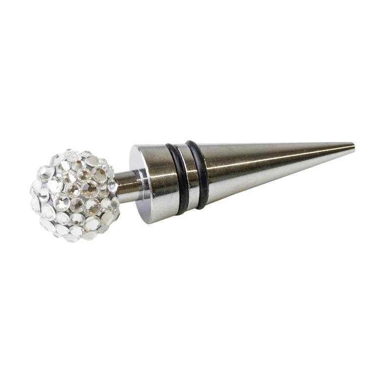 Silver stainless steel wine stopper with a rhinestone-covered round top and two black rubber rings near the base.