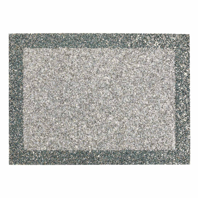 Silver placemat with a sparkling rhinestone border and a textured surface featuring a dark green edge.