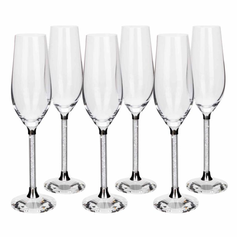 Clear crystal toasting flute with a textured silver stem and a faceted base measuring 10"x3"x3".