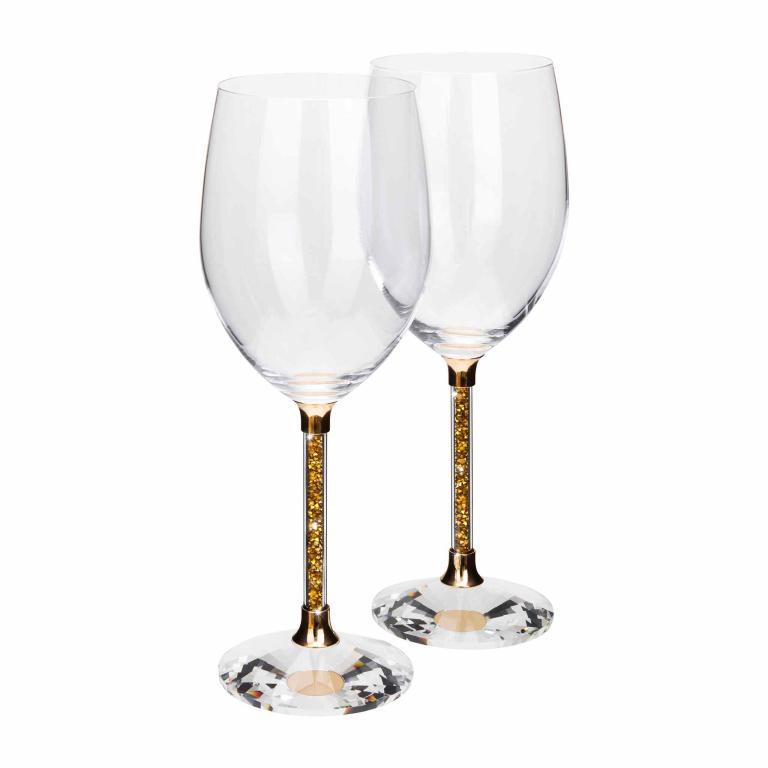 Clear crystal wine glass with a gold stem featuring sparkling rhinestones and a gold accent on a faceted base.