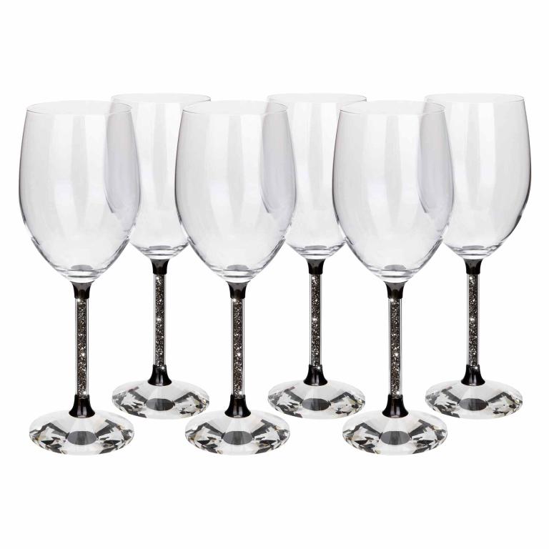 Clear crystal wine glass with a black stem and rhinestone embellishments featuring a faceted clear base.