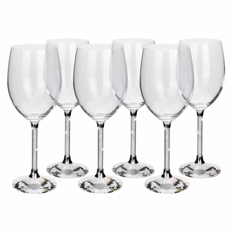  Clear crystal wine glass with a silver-toned base sparkling rhinestones in the stem and a faceted round foot.