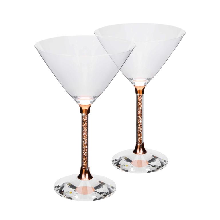 Clear crystal martini glass with a wide bowl rose gold stem featuring rhinestones and a faceted base.