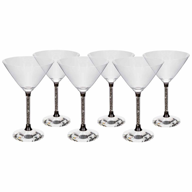 Clear crystal martini glass with a black base a rhinestone-studded stem and a wide conical bowl.