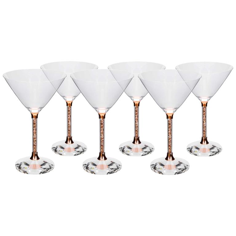 Clear crystal martini glass with a wide bowl rose gold rhinestone-studded stem and a faceted clear base.