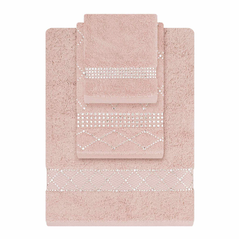 Pink three-piece towel set with fingertip, hand, and bath towels featuring shimmering geometric trim