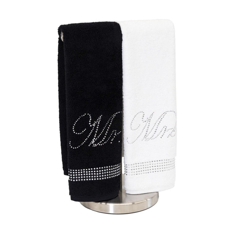 Black and white cotton terry towels with rhinestone monograms featuring a textured surface and embellished edges.