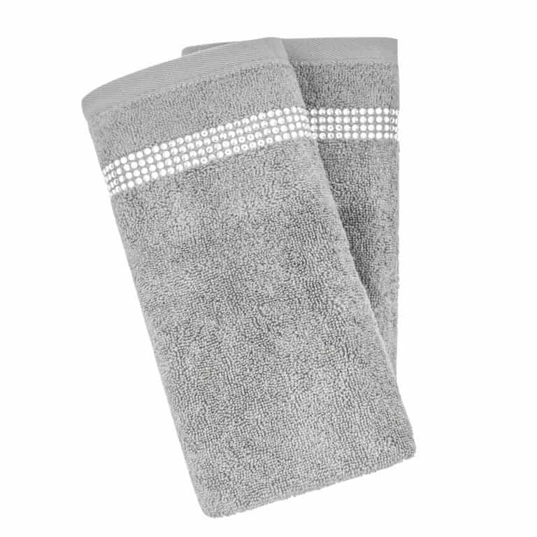 Set of two gray striped fingertip towels with rhinestone detail