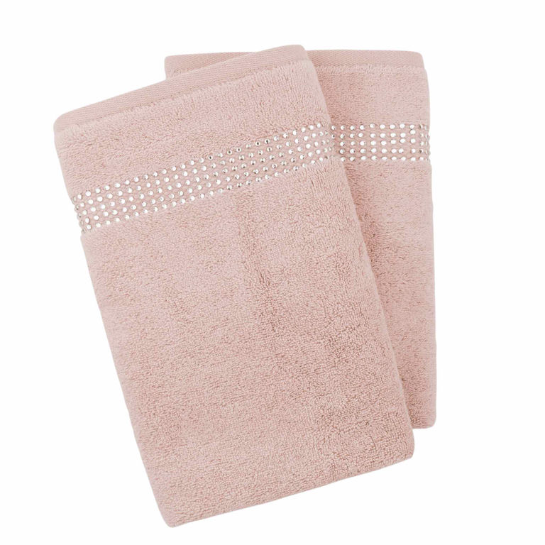 Two pink terry hand towels with sparkling rhinestone stripe borders