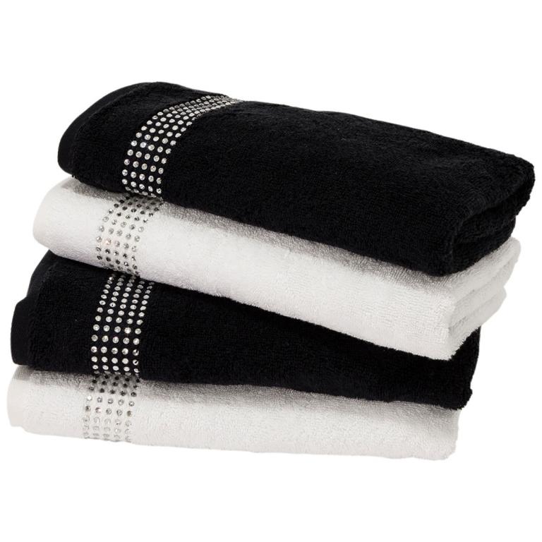 Set&#x20;of&#x20;two&#x20;hand&#x20;towels&#x20;in&#x20;black&#x20;and&#x20;white&#x20;terry&#x20;cotton&#x20;with&#x20;rhinestone&#x20;border&#x20;embellishments.
