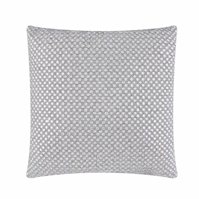 Stone velvet pillow covered in a dense pattern of rhinestones and pearl accents