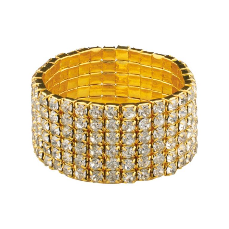 Gold elastic napkin ring with a grid of genuine glass rhinestones featuring a smooth metallic finish and shiny embellishments.