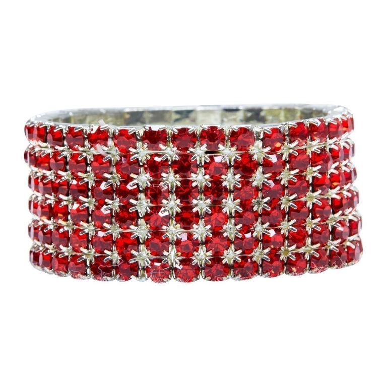 Red elastic napkin ring adorned with genuine glass rhinestones set in silver-tone metal featuring a textured grid pattern.