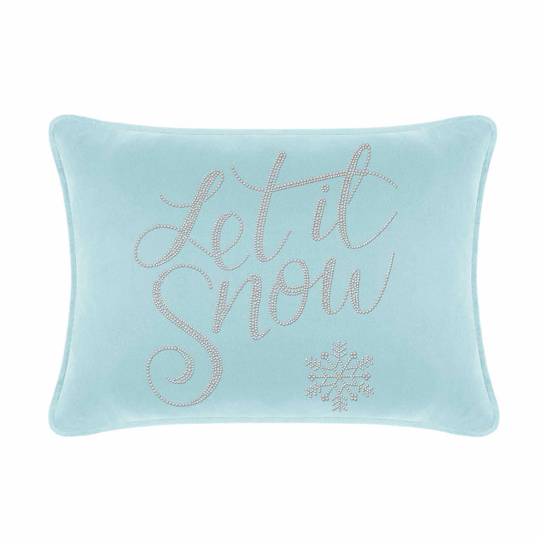 Aqua velvet pillow with "Let it Snow" in glass rhinestones and a snowflake design measuring 14x20 inches.