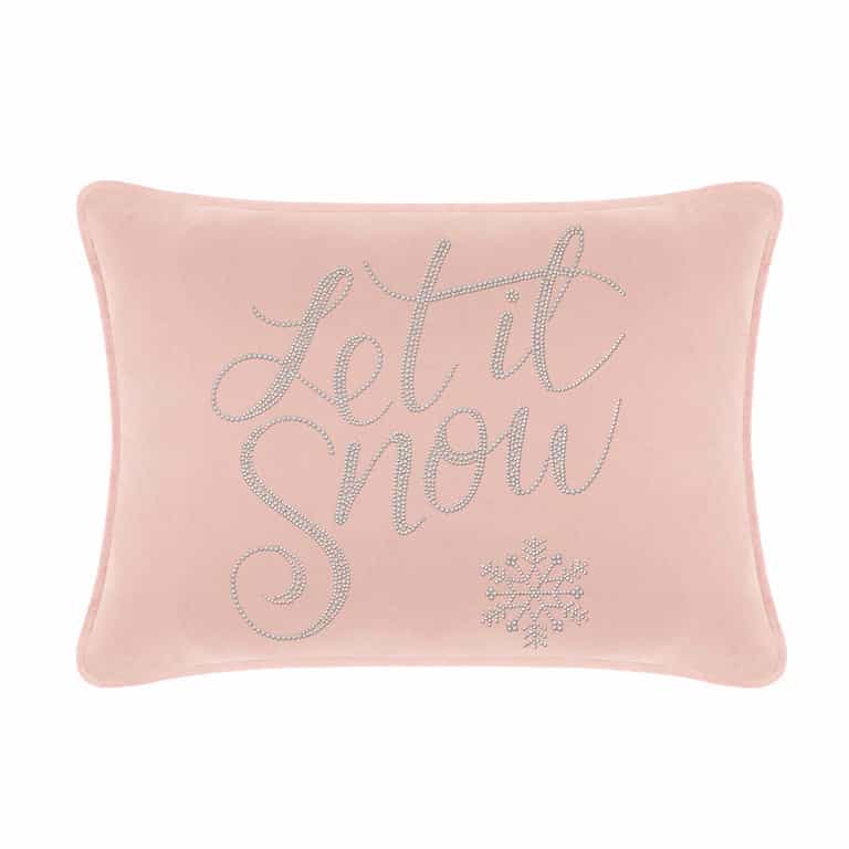 Aqua velvet pillow with "Let it Snow" in glass rhinestones and a snowflake design measuring 14x20 inches.