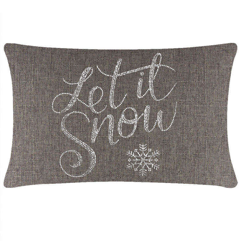 Rectangular brown pillow with a textured fabric featuring white glass rhinestones forming the text "Let it Snow" and a snowflake design.