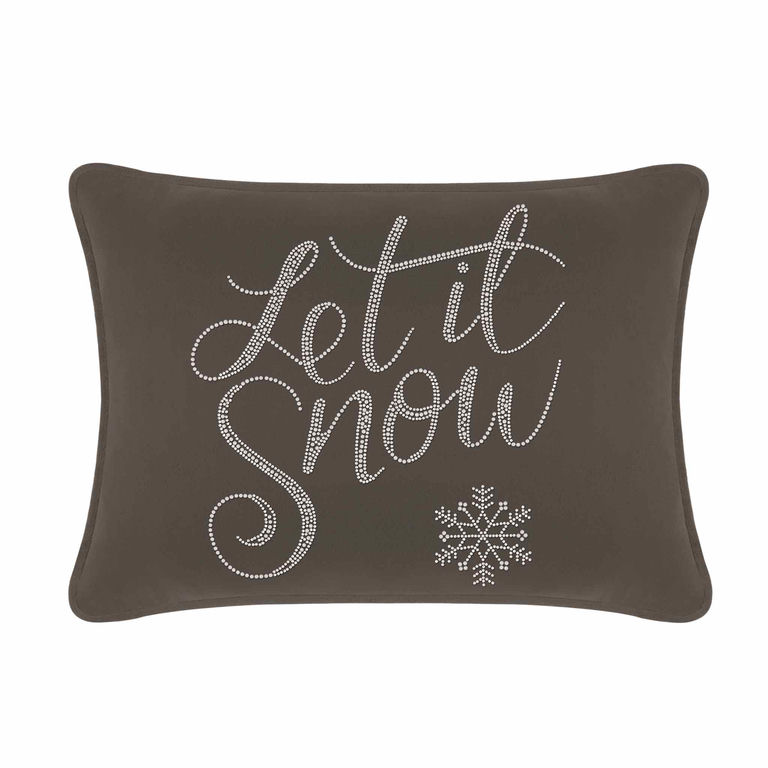 Charcoal&#x20;velvet&#x20;pillow&#x20;with&#x20;white&#x20;glass&#x20;rhinestones&#x20;featuring&#x20;the&#x20;phrase&#x20;&quot;Let&#x20;it&#x20;Snow&quot;&#x20;and&#x20;a&#x20;snowflake&#x20;design.