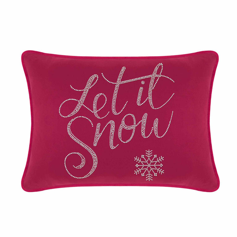 Fuchsia velvet pillow featuring "Let it Snow" in glass rhinestones with a snowflake design on a smooth surface.