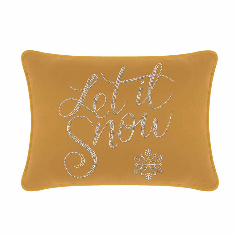 Gold velvet rectangular pillow featuring "Let it Snow" in rhinestones and a snowflake design.