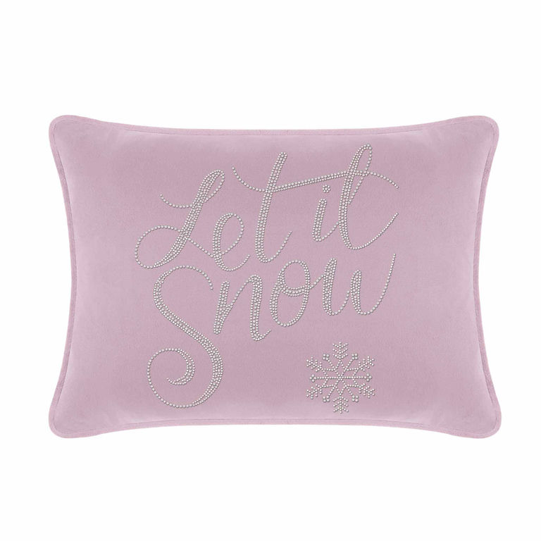 Lavender velvet pillow with "Let it Snow" in rhinestones and a snowflake design rectangular shape plush texture.