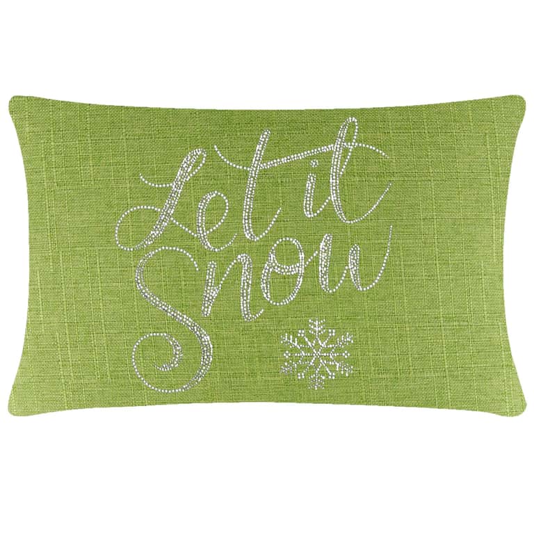 Rectangular lime green pillow with textured fabric featuring "Let it Snow" in glass rhinestones and a snowflake design.