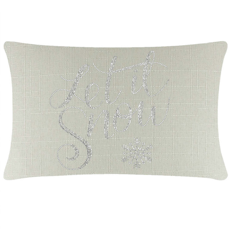 Linen pillow in light gray with silver rhinestone "Let it Snow" text and snowflake design on a textured surface.
