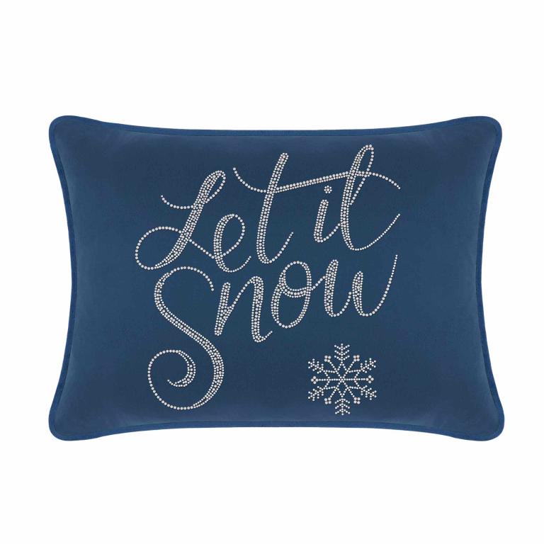 
Navy velvet rectangular pillow featuring "Let it Snow" in glass rhinestones and a snowflake design.